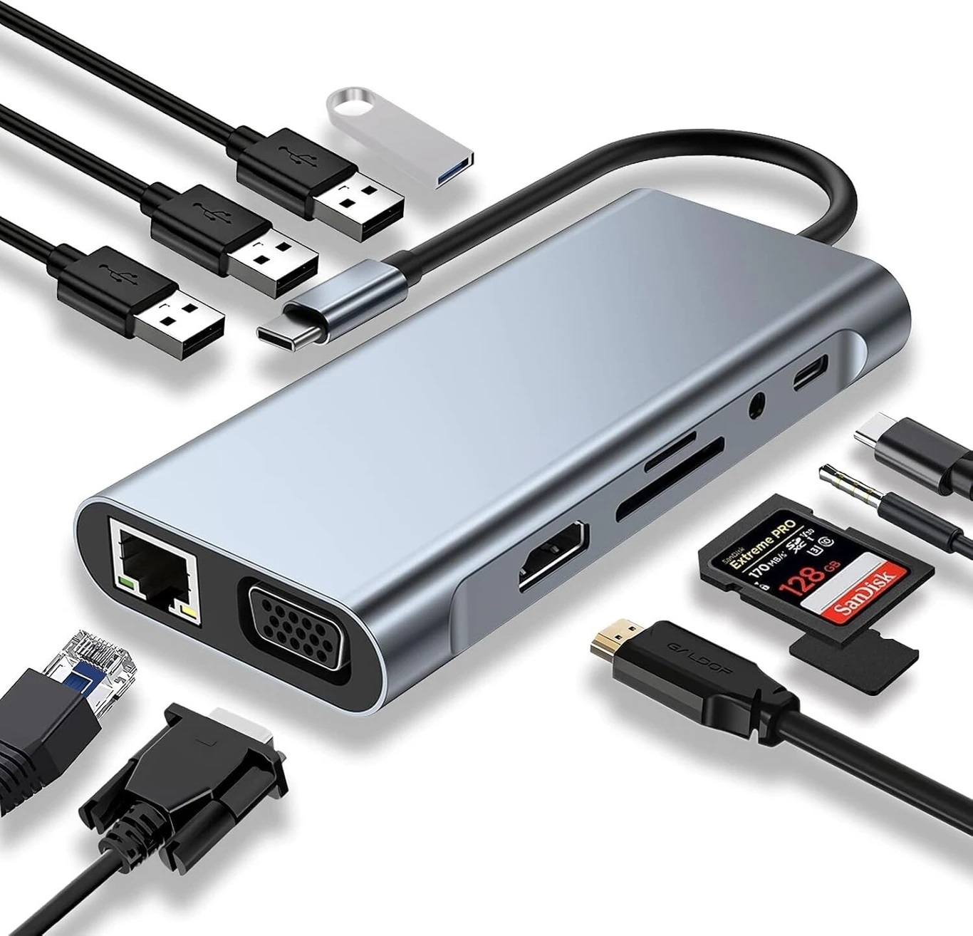 ABC USB Type-C 11-in-1 Multiport Docking Station Hub with HDMI 4K, VGA, RJ45 LAN, USB 3.0, USB 2.0, SD/TF Card Reader & 100W PD Charging (ABC-CNC-122)