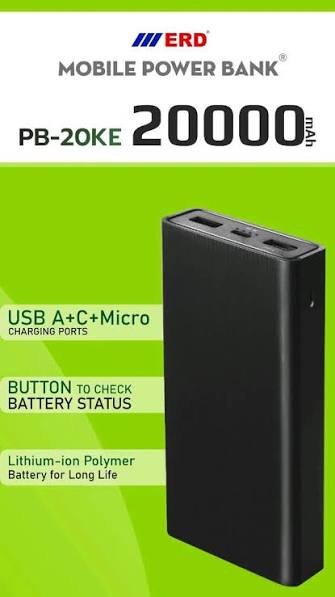 ERD Premium 20000mAh Mobile Power Bank (USB-A + USB-C, Dual Output, PB-20KE)