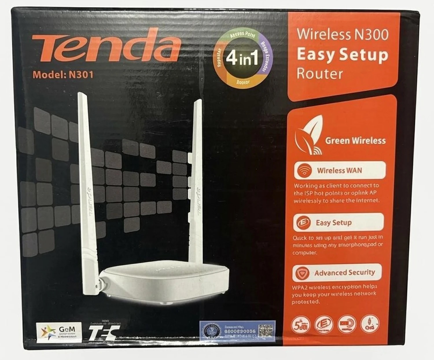 Tenda N300 Wireless Router (300Mbps, 2.4GHz, 4-in-1 Router/Access Point/Repeater/Range Extender) (N301)