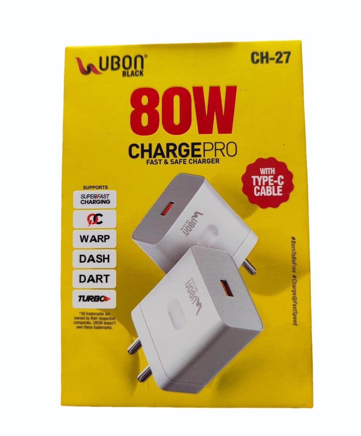 UBON Black 80W Charge Pro USB Mobile Charger with Type-C Cable (CH-27)