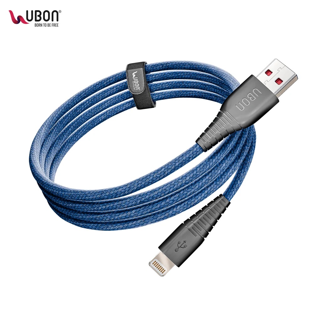 UBON Black Winner Series 30W USB to Lightning Braided Data & Charging Cable with Velcro (2 Meter, High Speed) (WR-409)