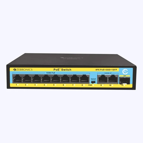 Zebronics 8 Port 100Mbps PoE Switch (8 PoE Ports, 2 Gigabit Uplink Ports) (ZEB-8PM2UG1UF-120)