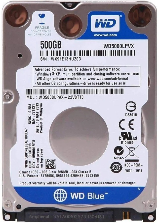 WD Blue 500GB 2.5-Inch SATA Internal Laptop Hard Disk Drive (5400 RPM, 8MB Cache) (WD5000LPVX)